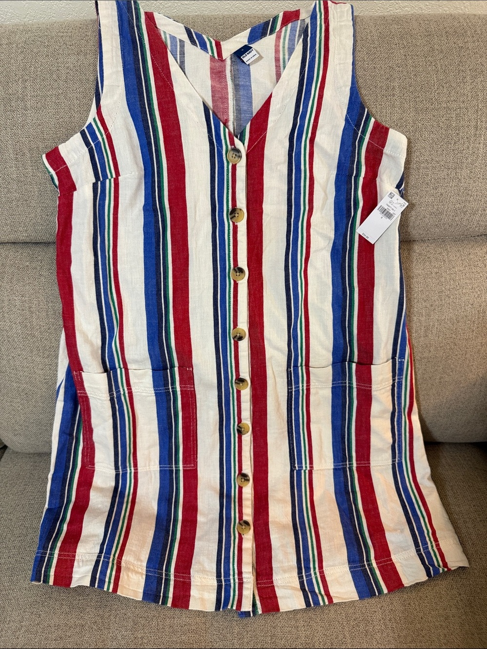 Women’s Old Navy Striped Button-Front Sleeveless Dress - Red, Blue, Green, Cream - Picture 1 of 1